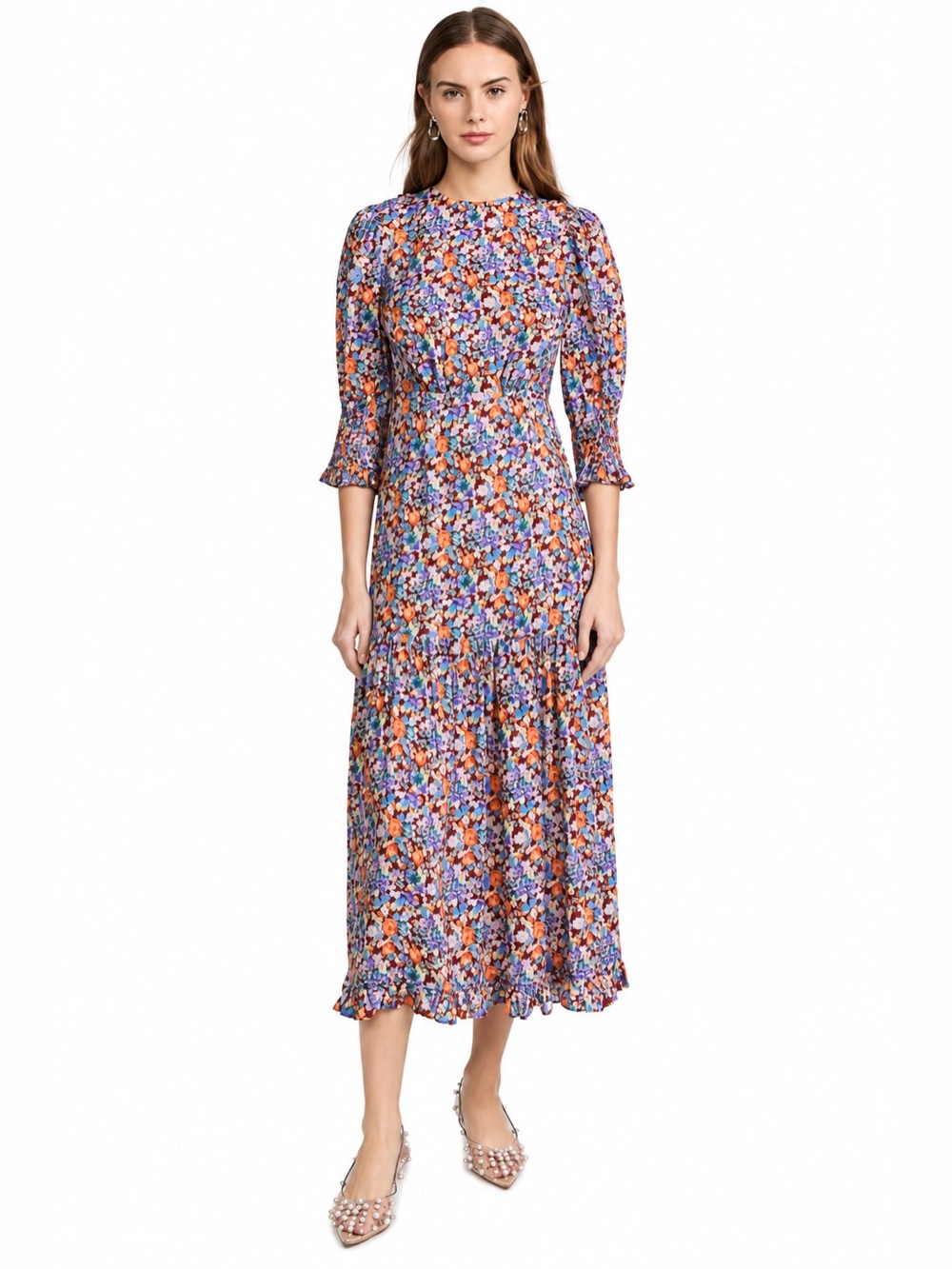 RIXO Petal Tiered Floral Midi Dress Multicolor Size S